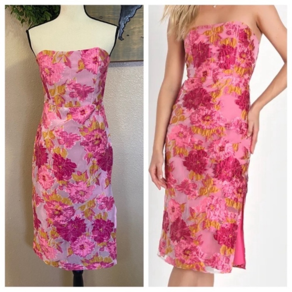 NWOT Lulus Upgraded Event Pink Floral Jacquard Strapless Bustier Midi Dress